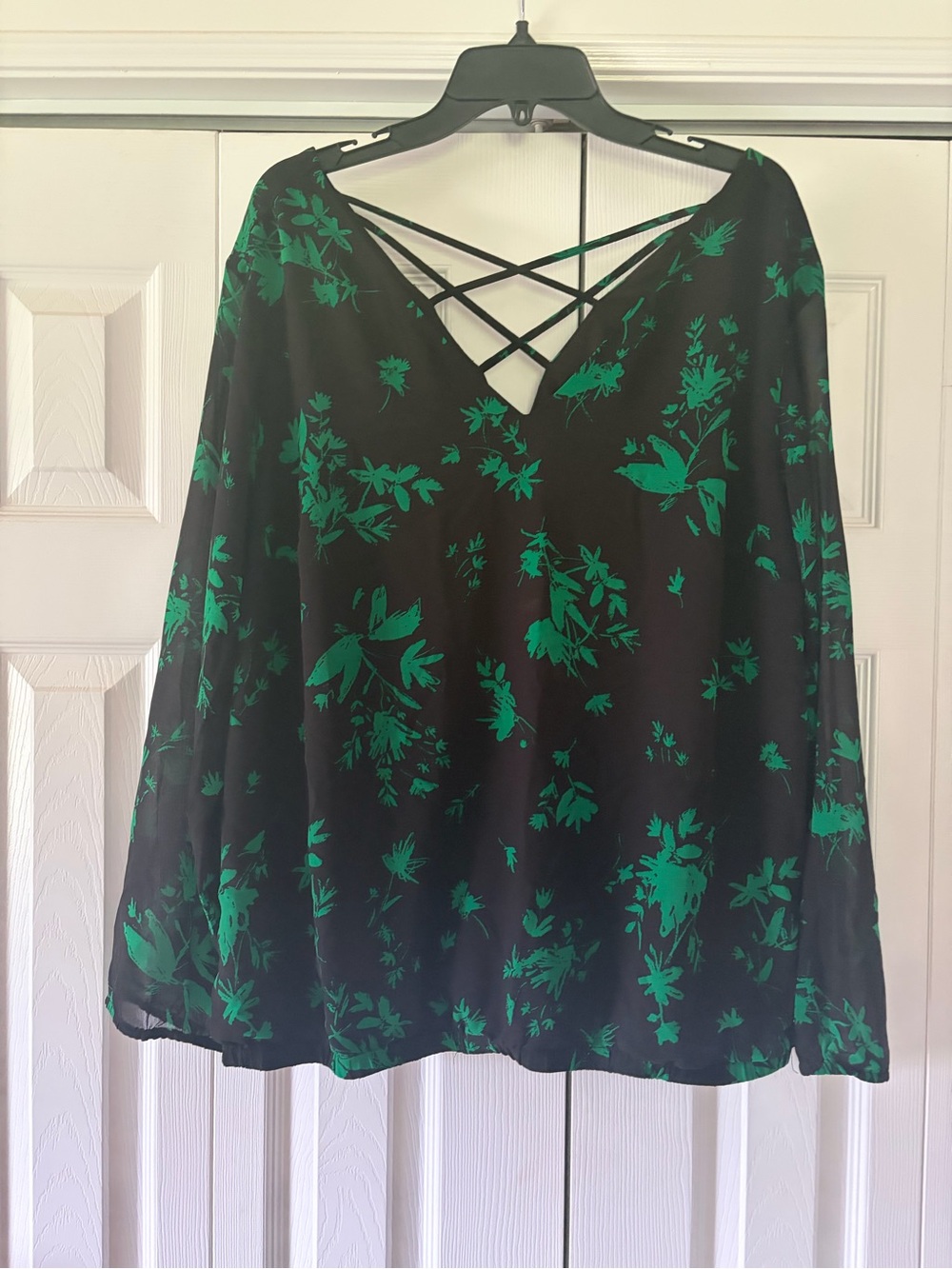 torrid Black Blouse with Green Floral Crisscross V-Neck